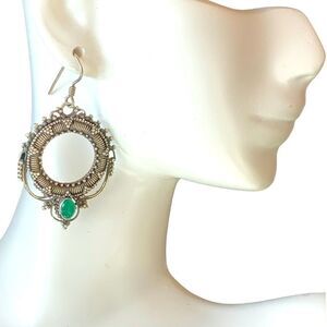 Vintage sterling silver 925  artist made hoop earrings with green cab pierced